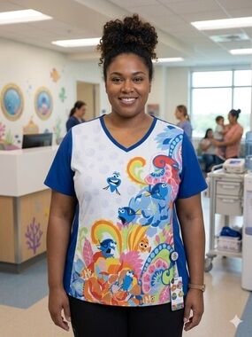 Disney Pixar Finding Dory Scrub Top 2X Blue Nemo Nurse Floral Cute